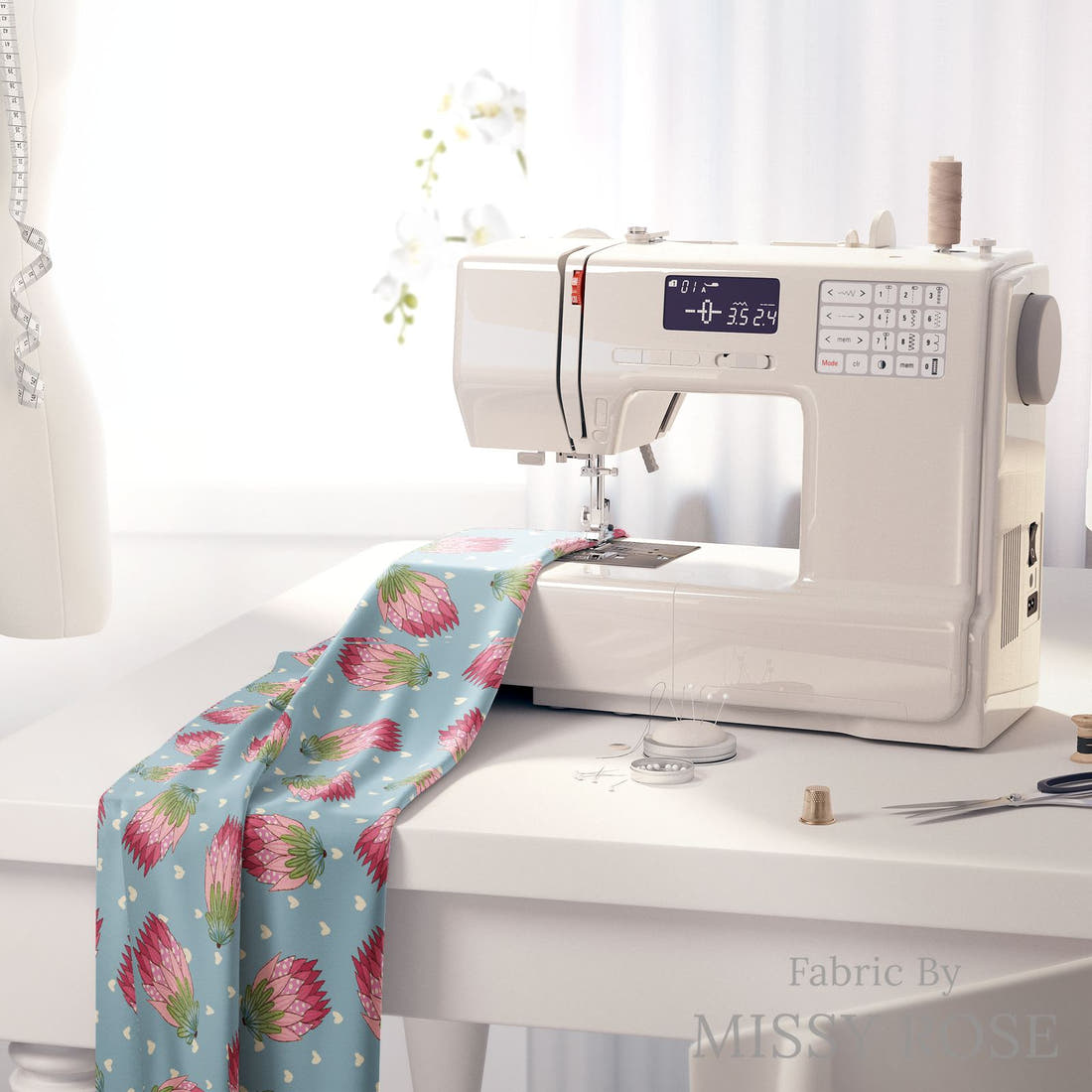 Rosie Browett 43 on a sewing machine - premium fabric for sewing projects | Fabric by Missy Rose