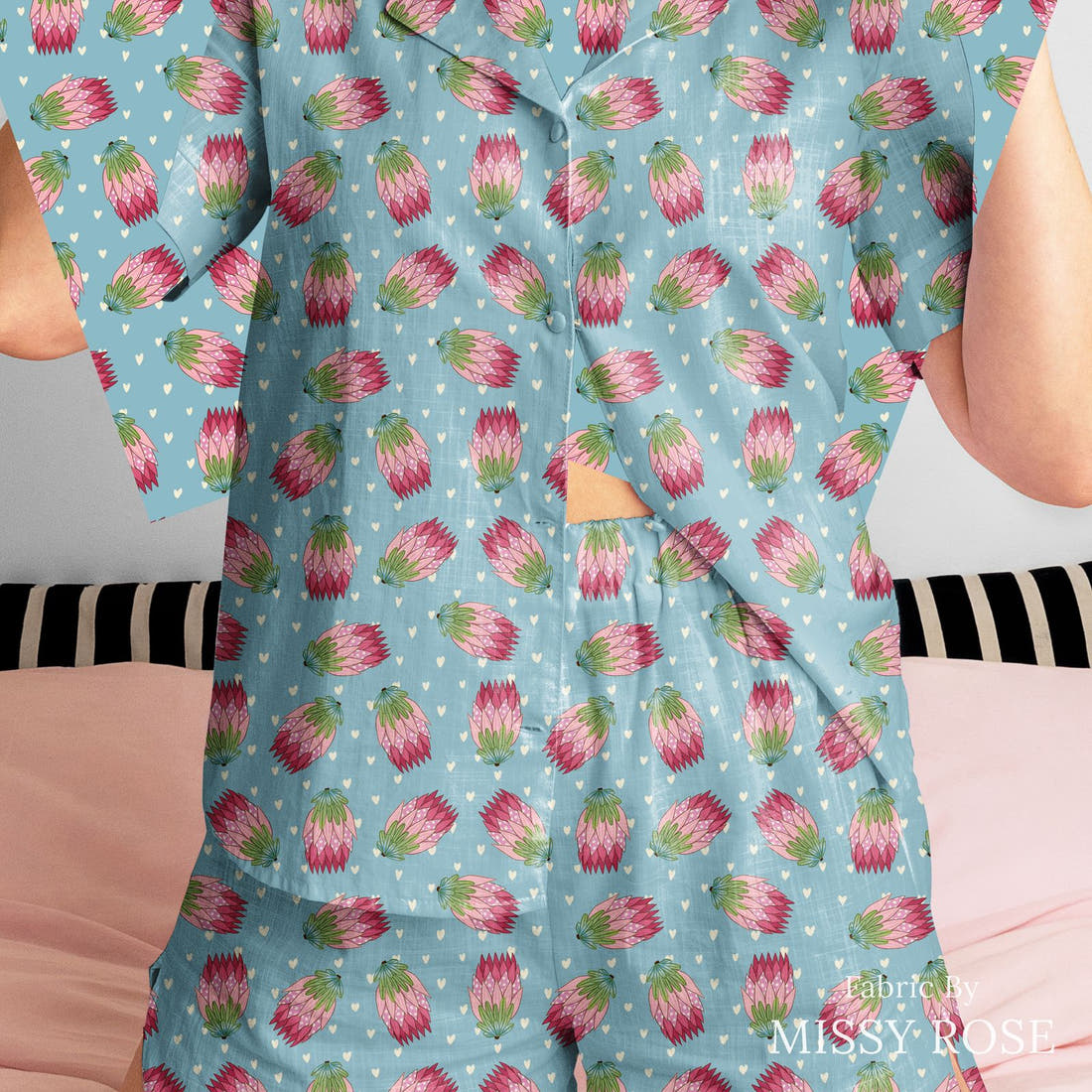 Rosie Browett 43 sewn into a womens pyjamas - see how the print looks made up | Fabric by Missy Rose