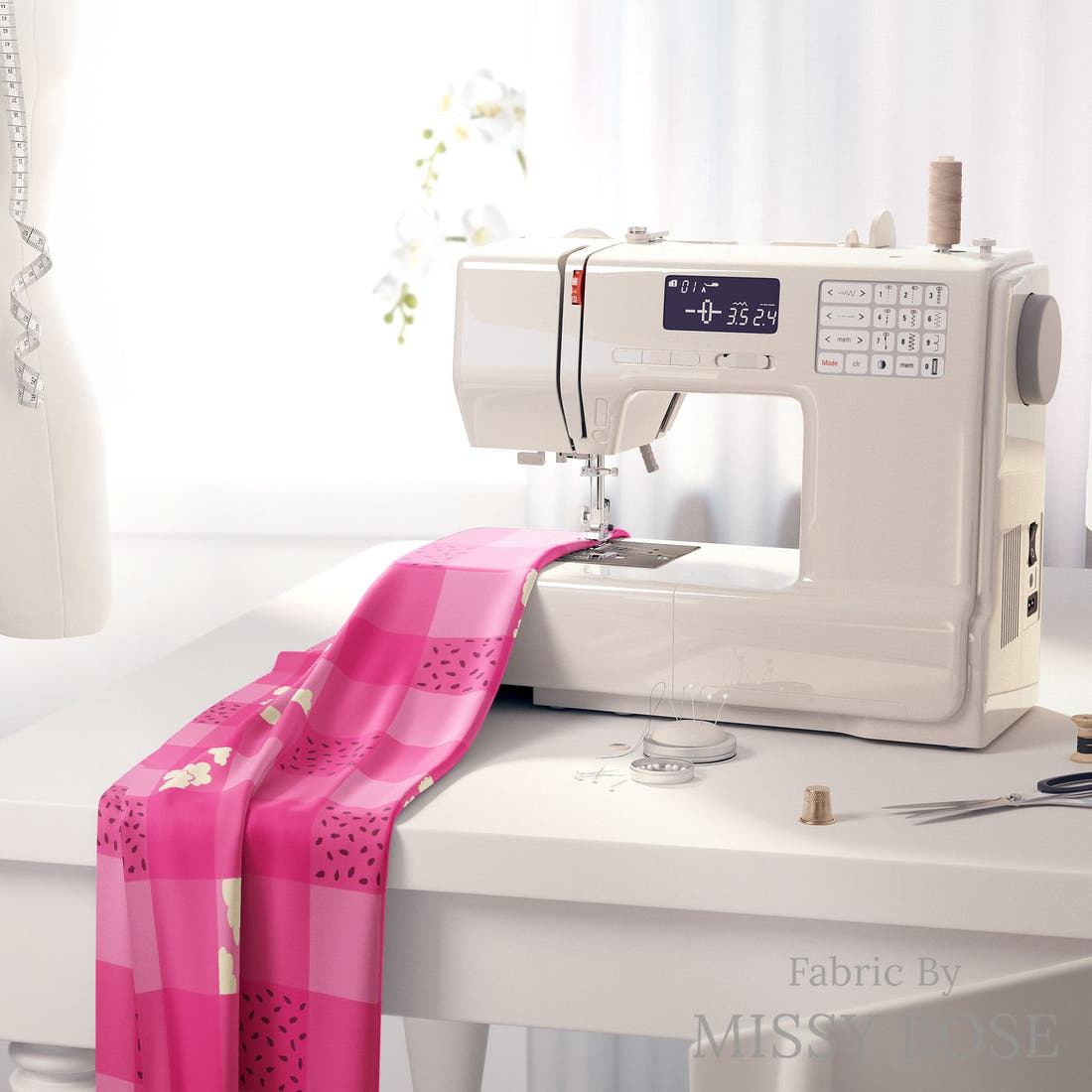 Rosie Browett 44 on a sewing machine - premium fabric for sewing projects | Fabric by Missy Rose
