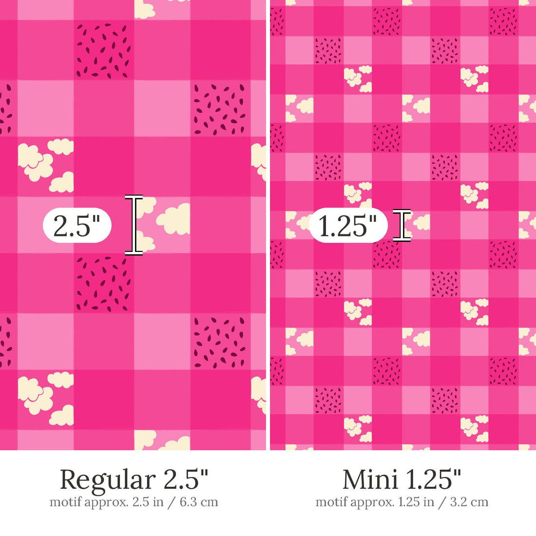 Rosie Browett 44 Regular 2.5 inch vs Mini 1.25 inch print scale side by side | Fabric by Missy Rose