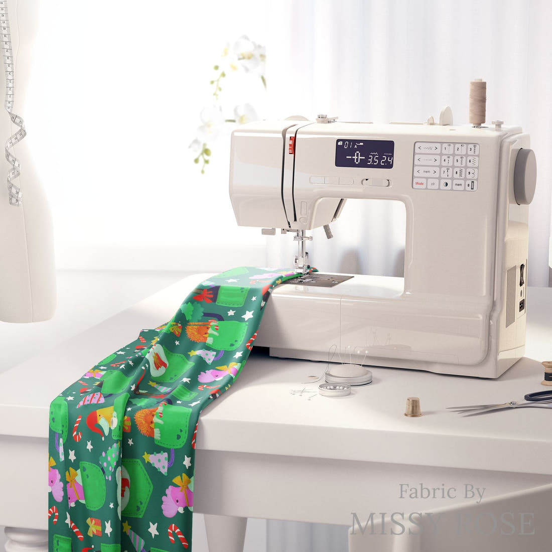 Rosie Browett 45 on a sewing machine - premium fabric for sewing projects | Fabric by Missy Rose