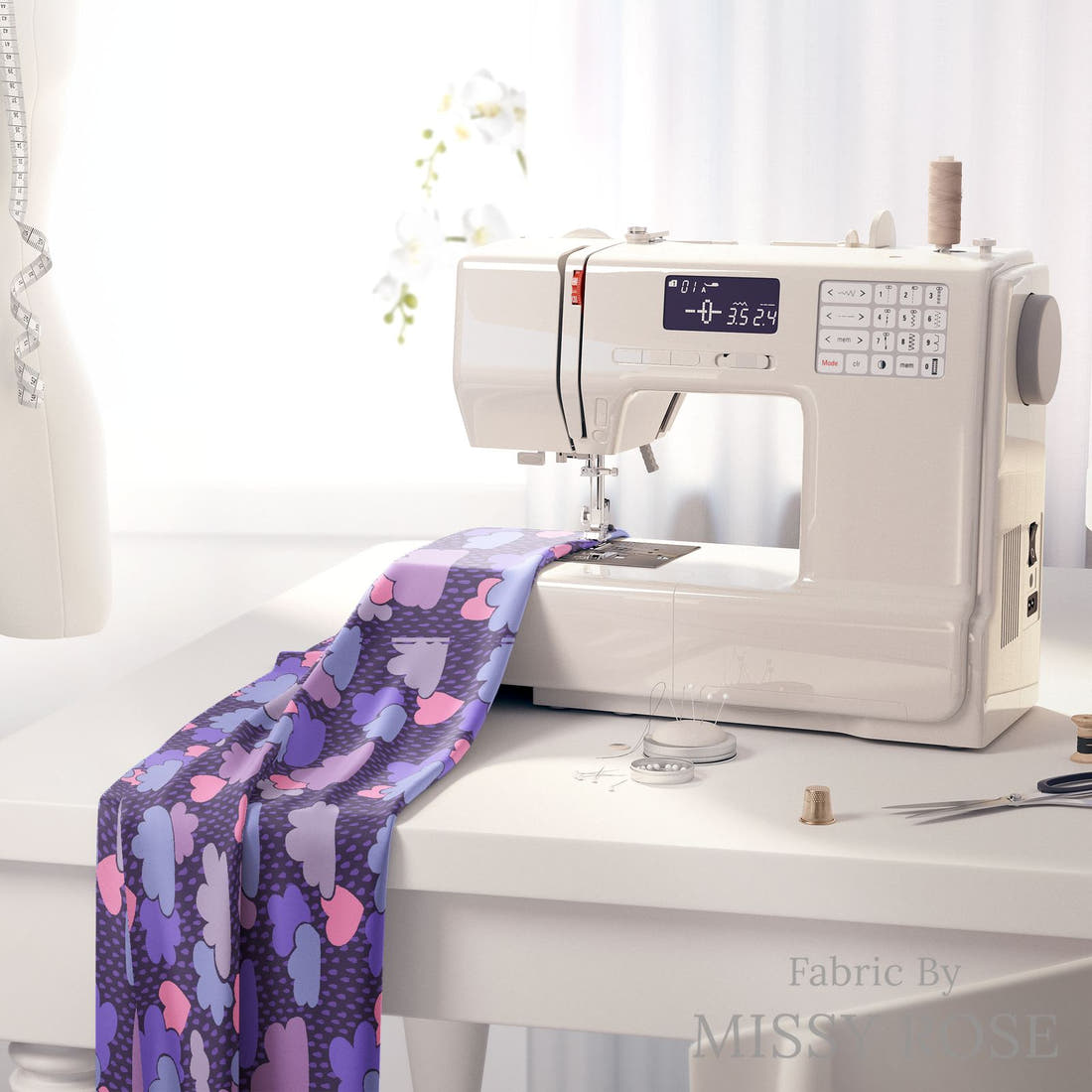 Rosie Browett 46 on a sewing machine - premium fabric for sewing projects | Fabric by Missy Rose
