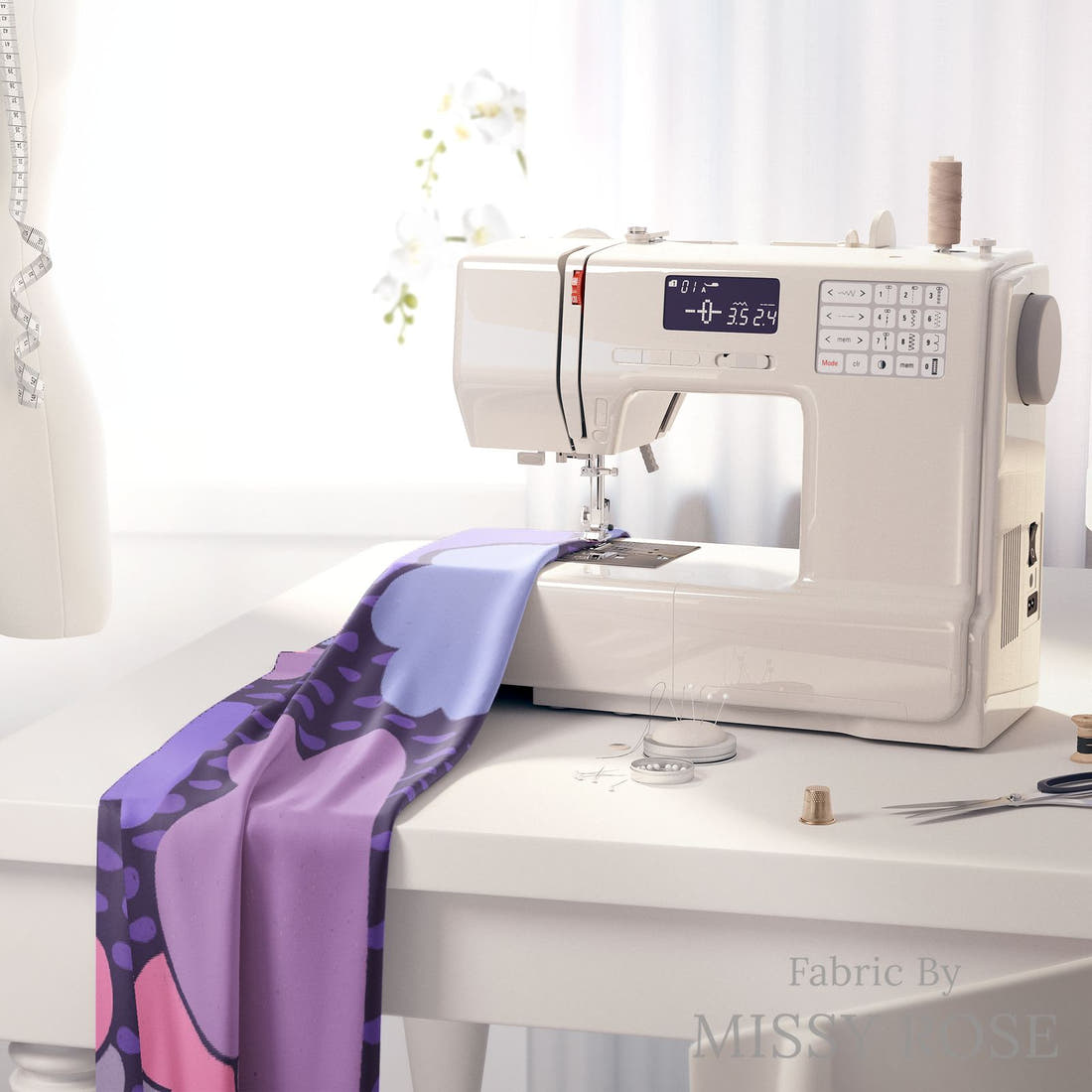 Rosie Browett 46 on a sewing machine - premium fabric for sewing projects | Fabric by Missy Rose