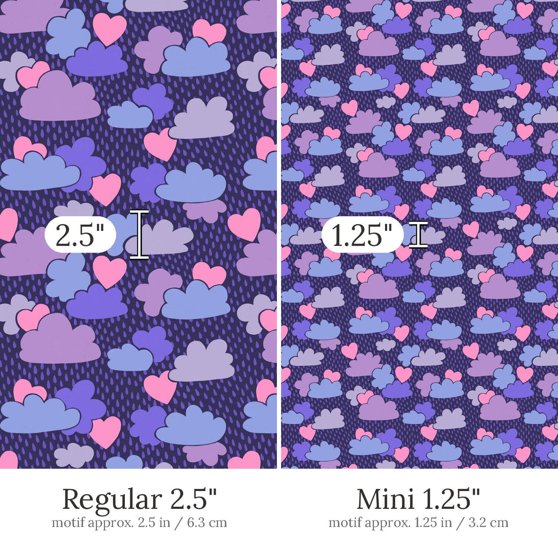 Rosie Browett 46 Regular 2.5 inch vs Mini 1.25 inch print scale side by side | Fabric by Missy Rose