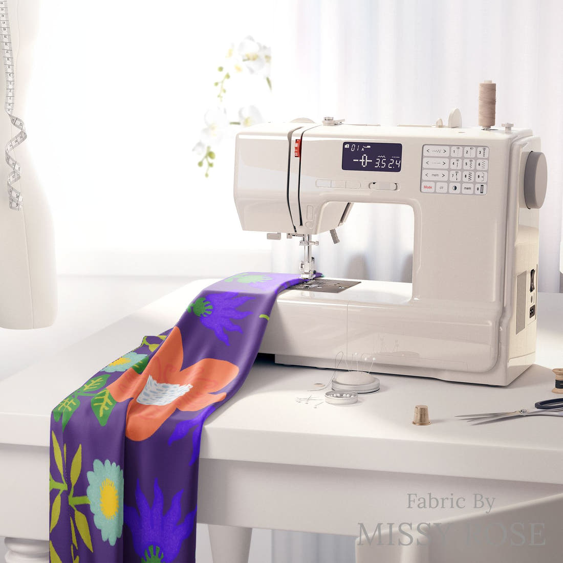 Rosie Browett 47 on a sewing machine - premium fabric for sewing projects | Fabric by Missy Rose