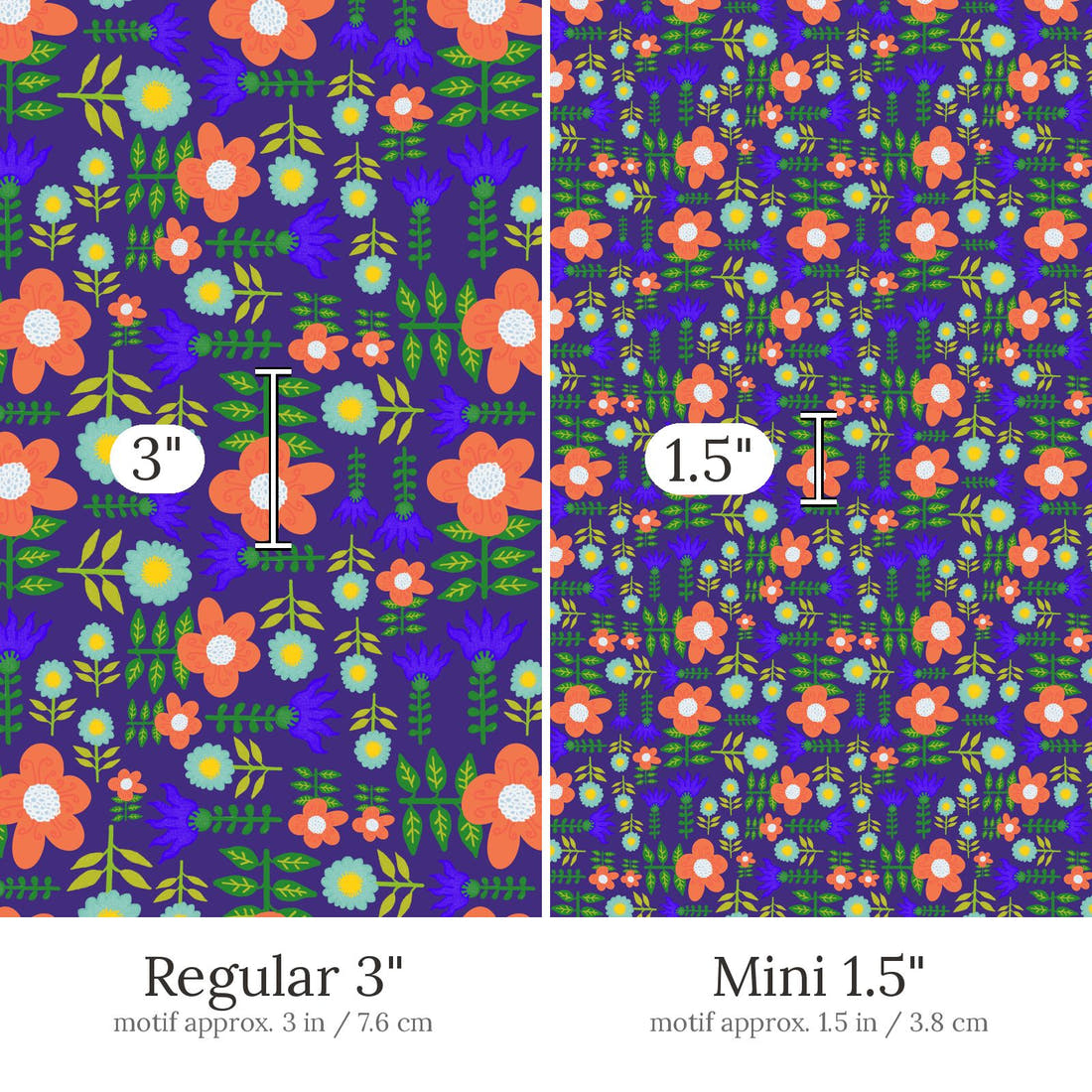 Rosie Browett 47 Regular 3 inch vs Mini 1.5 inch print scale side by side | Fabric by Missy Rose