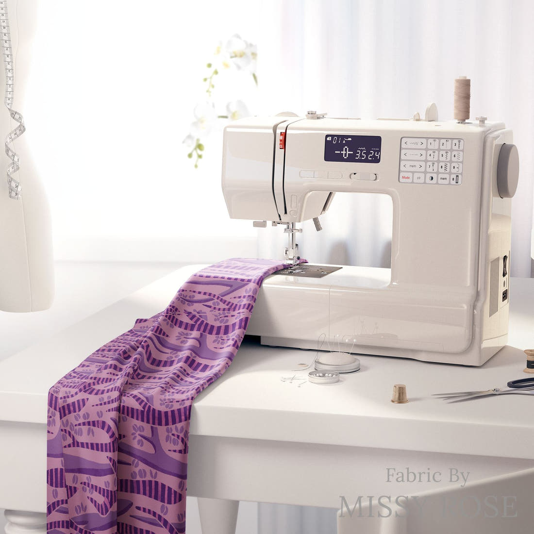 Rosie Browett 48 on a sewing machine - premium fabric for sewing projects | Fabric by Missy Rose