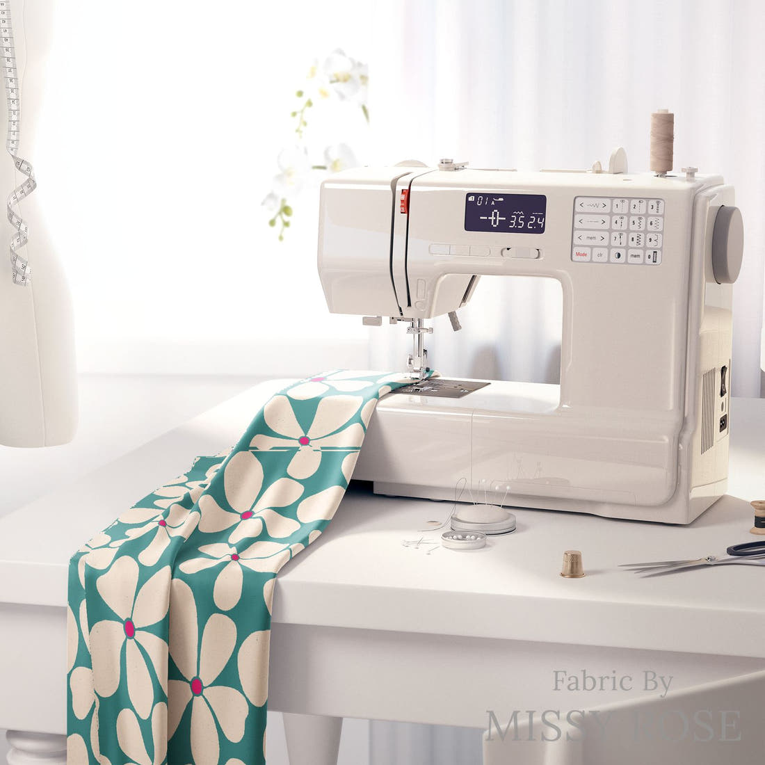 Rosie Browett 50 on a sewing machine - premium fabric for sewing projects | Fabric by Missy Rose