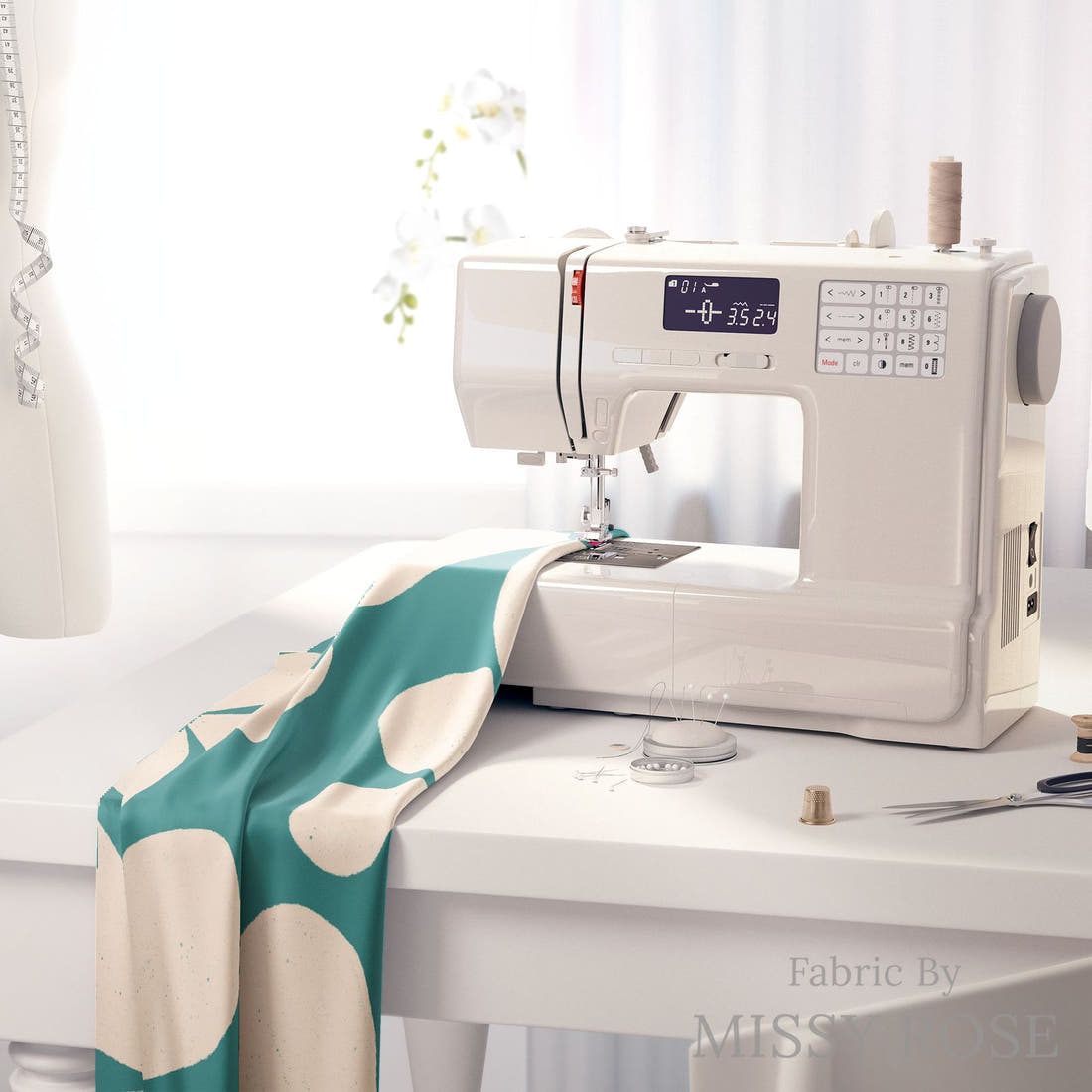 Rosie Browett 50 on a sewing machine - premium fabric for sewing projects | Fabric by Missy Rose