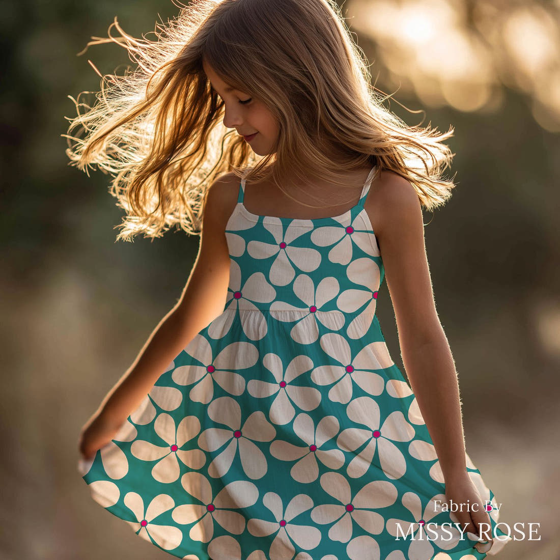 Rosie Browett 50 sewn into a girl dress - see how the print looks made up | Fabric by Missy Rose