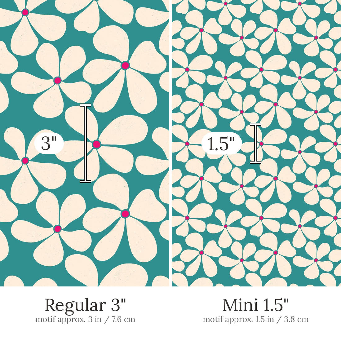 Rosie Browett 50 Regular 3 inch vs Mini 1.5 inch print scale side by side | Fabric by Missy Rose