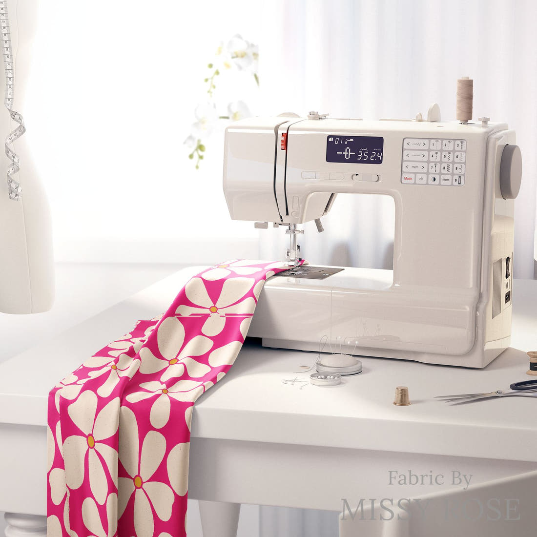 Rosie Browett 51 on a sewing machine - premium fabric for sewing projects | Fabric by Missy Rose