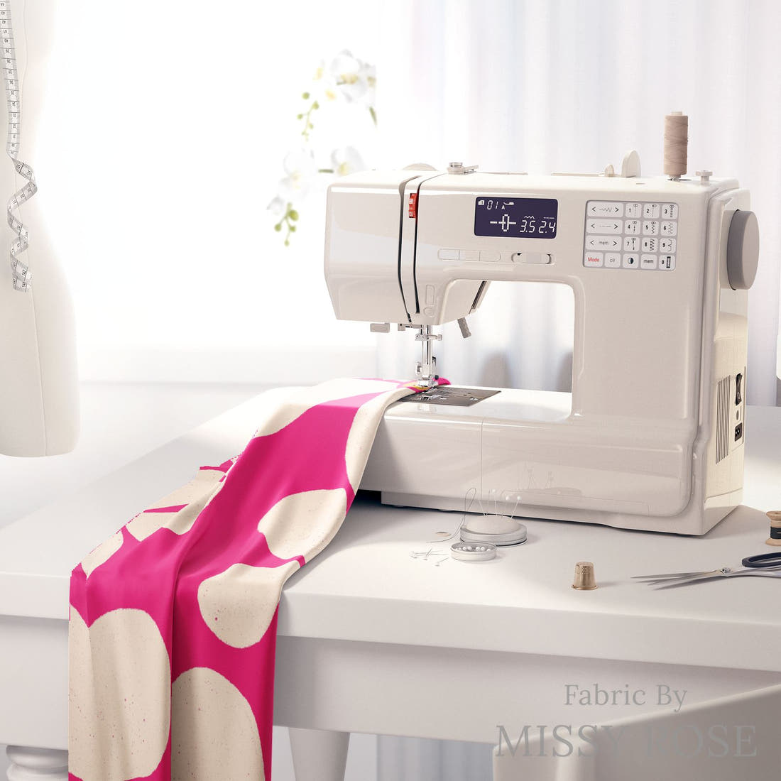 Rosie Browett 51 on a sewing machine - premium fabric for sewing projects | Fabric by Missy Rose