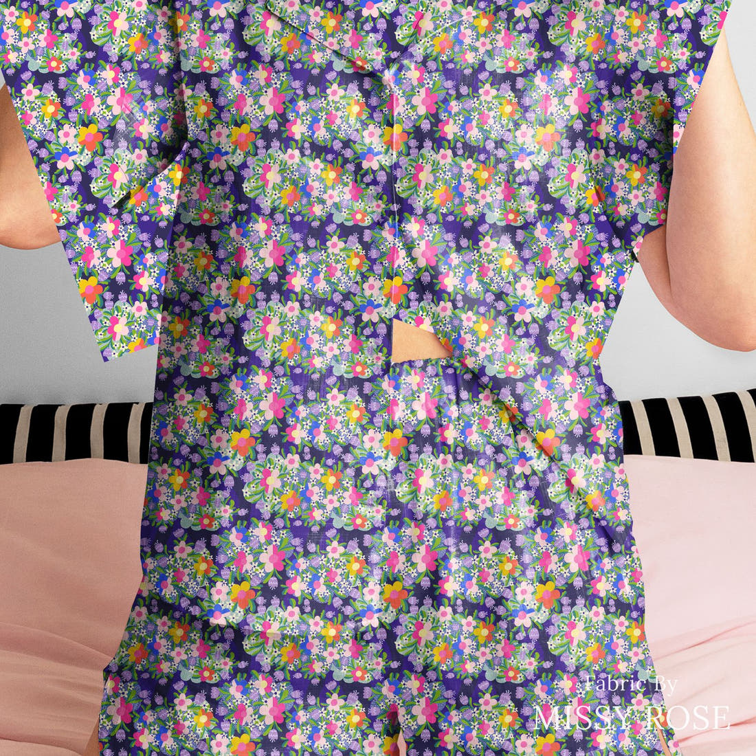 Rosie Browett 52 sewn into a womens pyjamas - see how the print looks made up | Fabric by Missy Rose