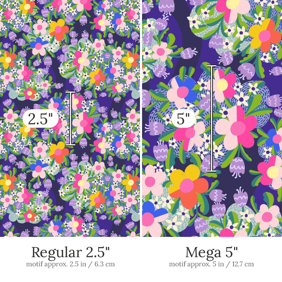 Rosie Browett 52 Regular 2.5 inch vs Mega 5 inch print scale side by side | Fabric by Missy Rose