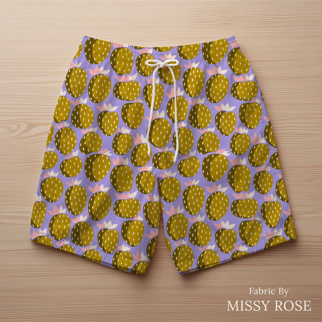 Rosie Browett 54 sewn into a swim trunks - see how the print looks made up | Fabric by Missy Rose