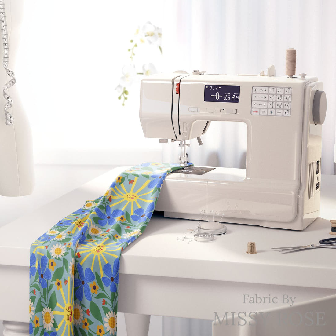 Rosie Browett 55 on a sewing machine - premium fabric for sewing projects | Fabric by Missy Rose