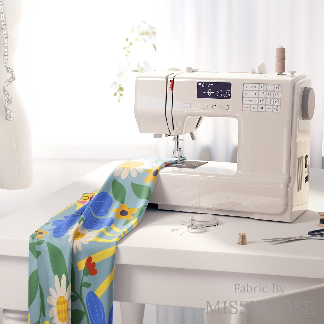 Rosie Browett 55 on a sewing machine - premium fabric for sewing projects | Fabric by Missy Rose