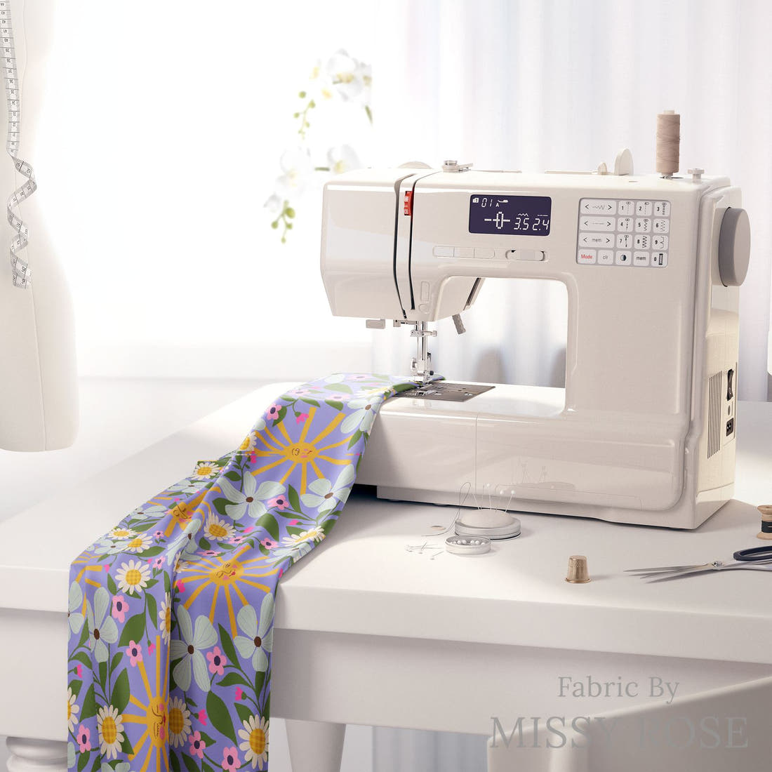 Rosie Browett 56 on a sewing machine - premium fabric for sewing projects | Fabric by Missy Rose