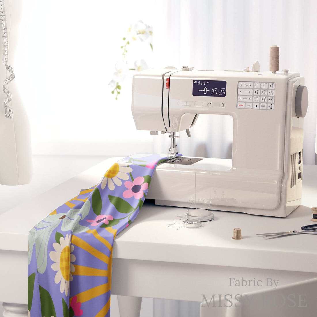 Rosie Browett 56 on a sewing machine - premium fabric for sewing projects | Fabric by Missy Rose