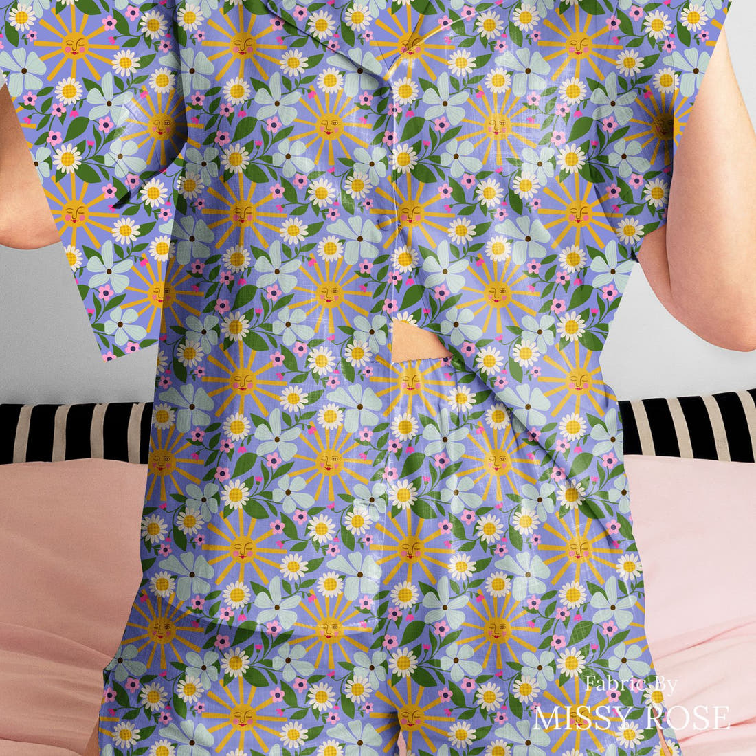 Rosie Browett 56 sewn into a womens pyjamas - see how the print looks made up | Fabric by Missy Rose
