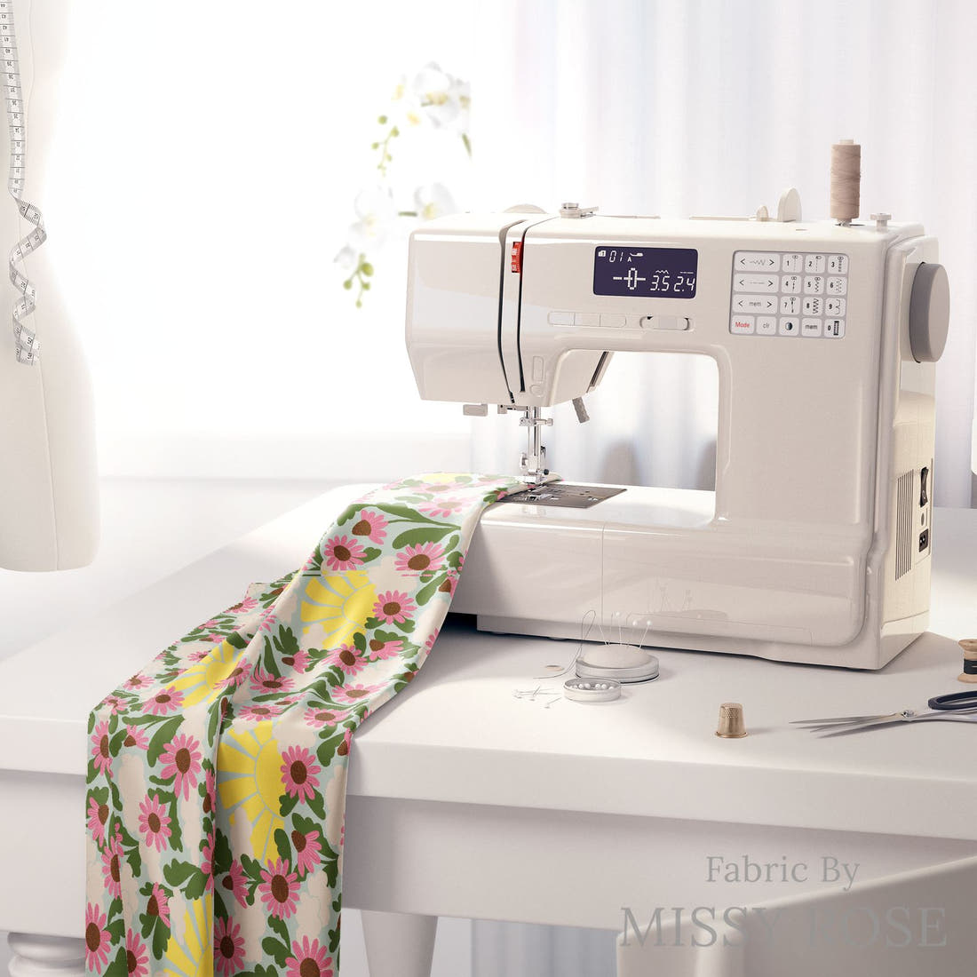 Rosie Browett 57 on a sewing machine - premium fabric for sewing projects | Fabric by Missy Rose