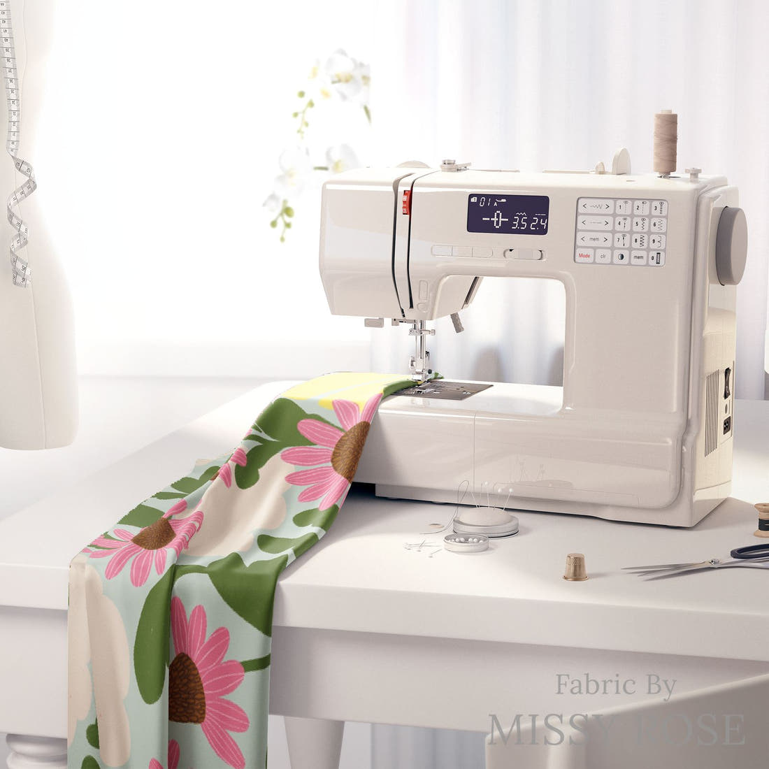 Rosie Browett 57 on a sewing machine - premium fabric for sewing projects | Fabric by Missy Rose