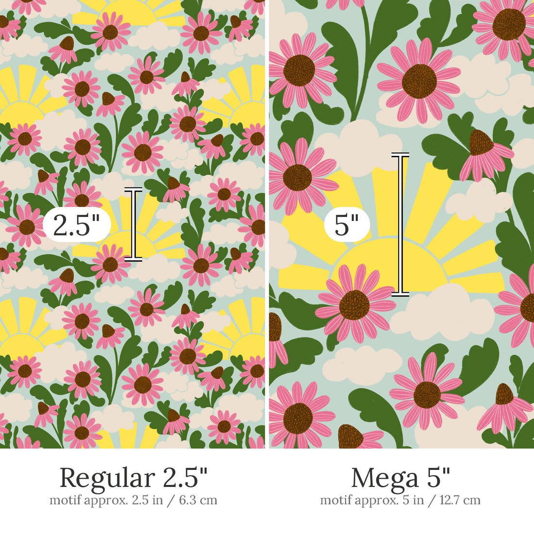 Rosie Browett 57 Regular 2.5 inch vs Mega 5 inch print scale side by side | Fabric by Missy Rose