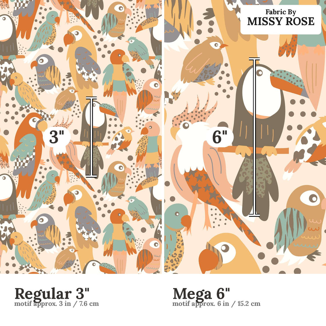 Scandi 10 Regular 3 inch vs Mega 6 inch print scale side by side | Fabric by Missy Rose