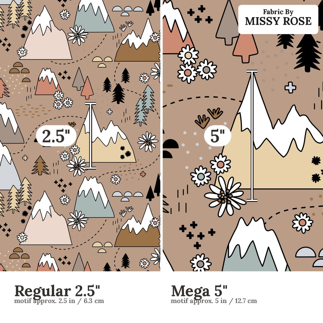Scandi 12 Regular 2.5 inch vs Mega 5 inch print scale side by side | Fabric by Missy Rose