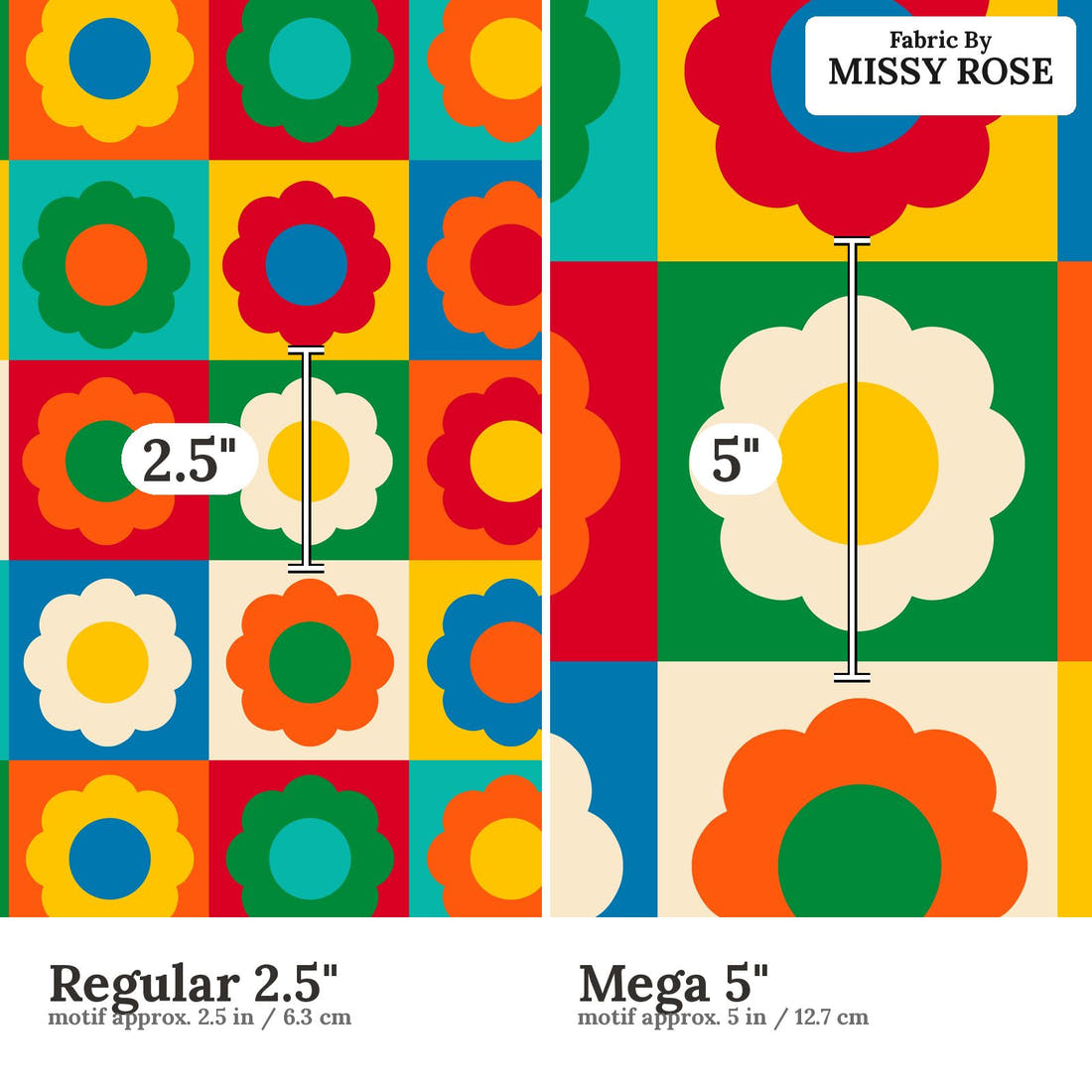 Scandi 13 Regular 2.5 inch vs Mega 5 inch print scale side by side | Fabric by Missy Rose