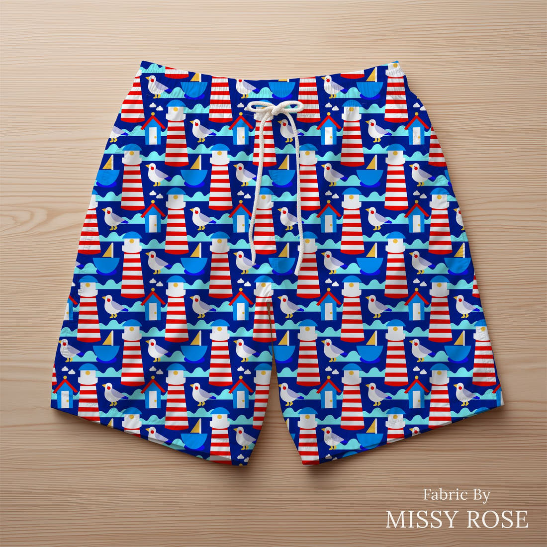 Scandi 14 made up as swim shorts - see how the print looks made up | Fabric by Missy Rose