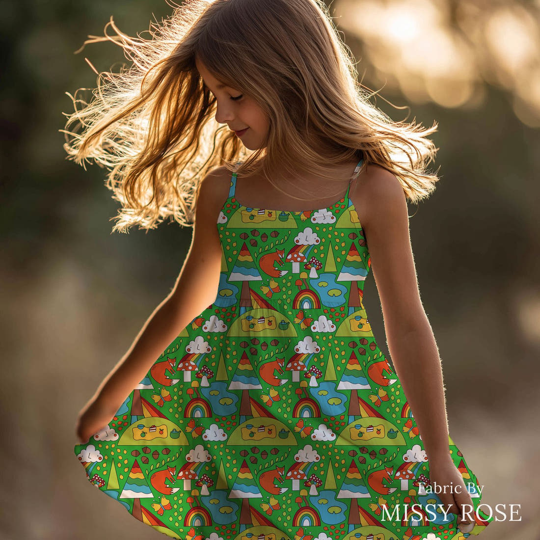 Scandi 15 made up as a girls' dress - see how the print looks made up | Fabric by Missy Rose