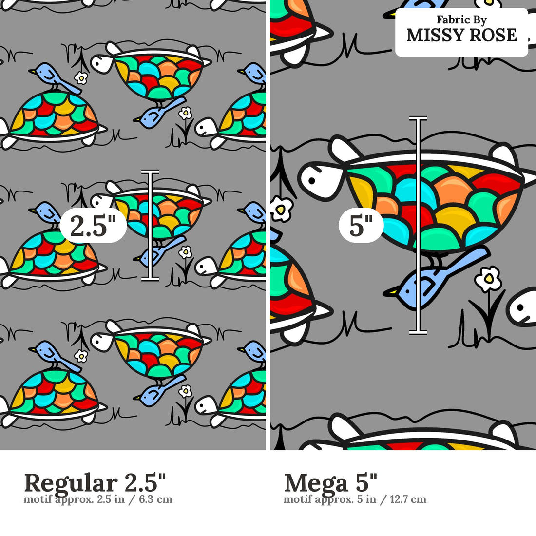Scandi 18 Regular 2.5 inch vs Mega 5 inch print scale side by side | Fabric by Missy Rose