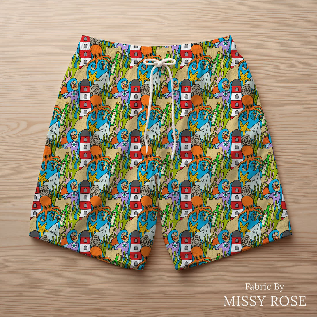 Scandi 19 made up as swim shorts - see how the print looks made up | Fabric by Missy Rose