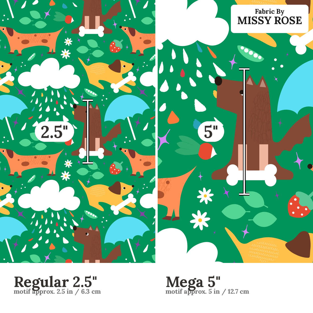 Scandi 21 Regular 2.5 inch vs Mega 5 inch print scale side by side | Fabric by Missy Rose