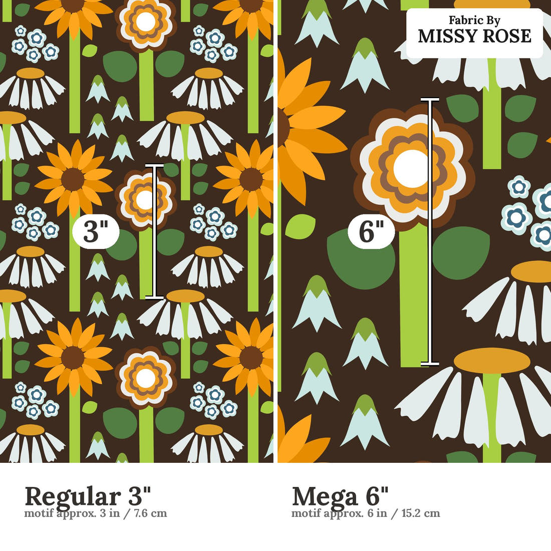 Scandi 22 Regular 3 inch vs Mega 6 inch print scale side by side | Fabric by Missy Rose