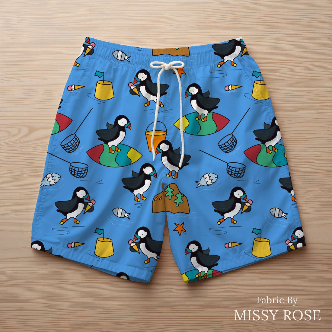 Scandi 23 made up as swim shorts - see how the print looks made up | Fabric by Missy Rose