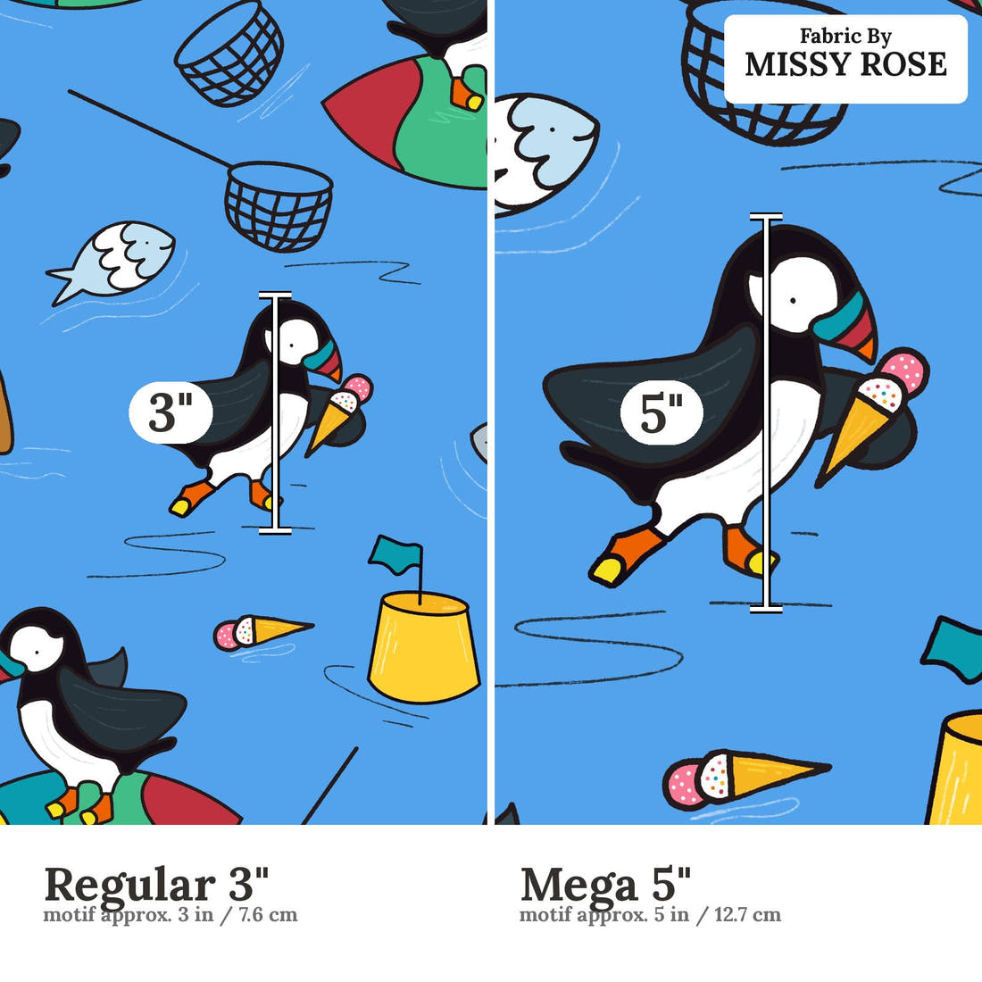 Scandi 23 Regular 3 inch vs Mega 5 inch print scale side by side | Fabric by Missy Rose