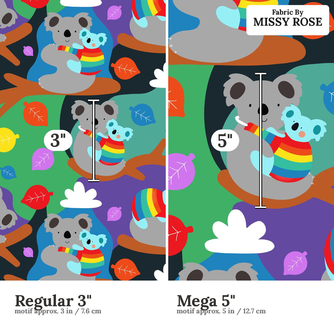 Scandi 24 Regular 3 inch vs Mega 5 inch print scale side by side | Fabric by Missy Rose