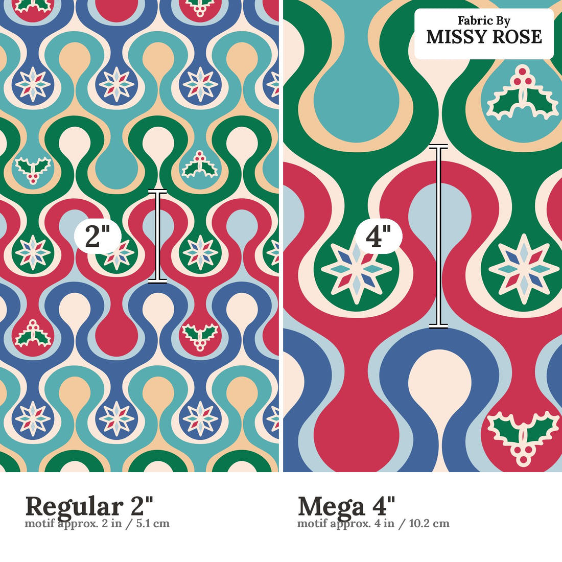 Scandi 25 Regular 2 inch vs Mega 4 inch print scale side by side | Fabric by Missy Rose