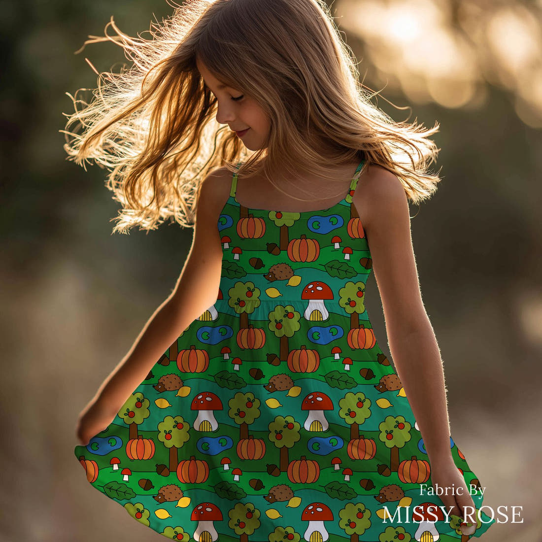 Scandi 26 made up as a girls' dress - see how the print looks made up | Fabric by Missy Rose
