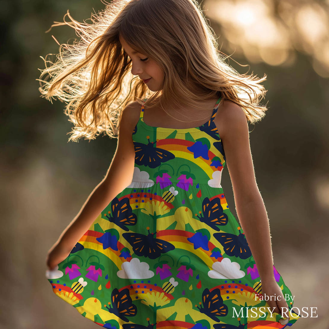 Scandi 28 made up as a girls' dress - see how the print looks made up | Fabric by Missy Rose