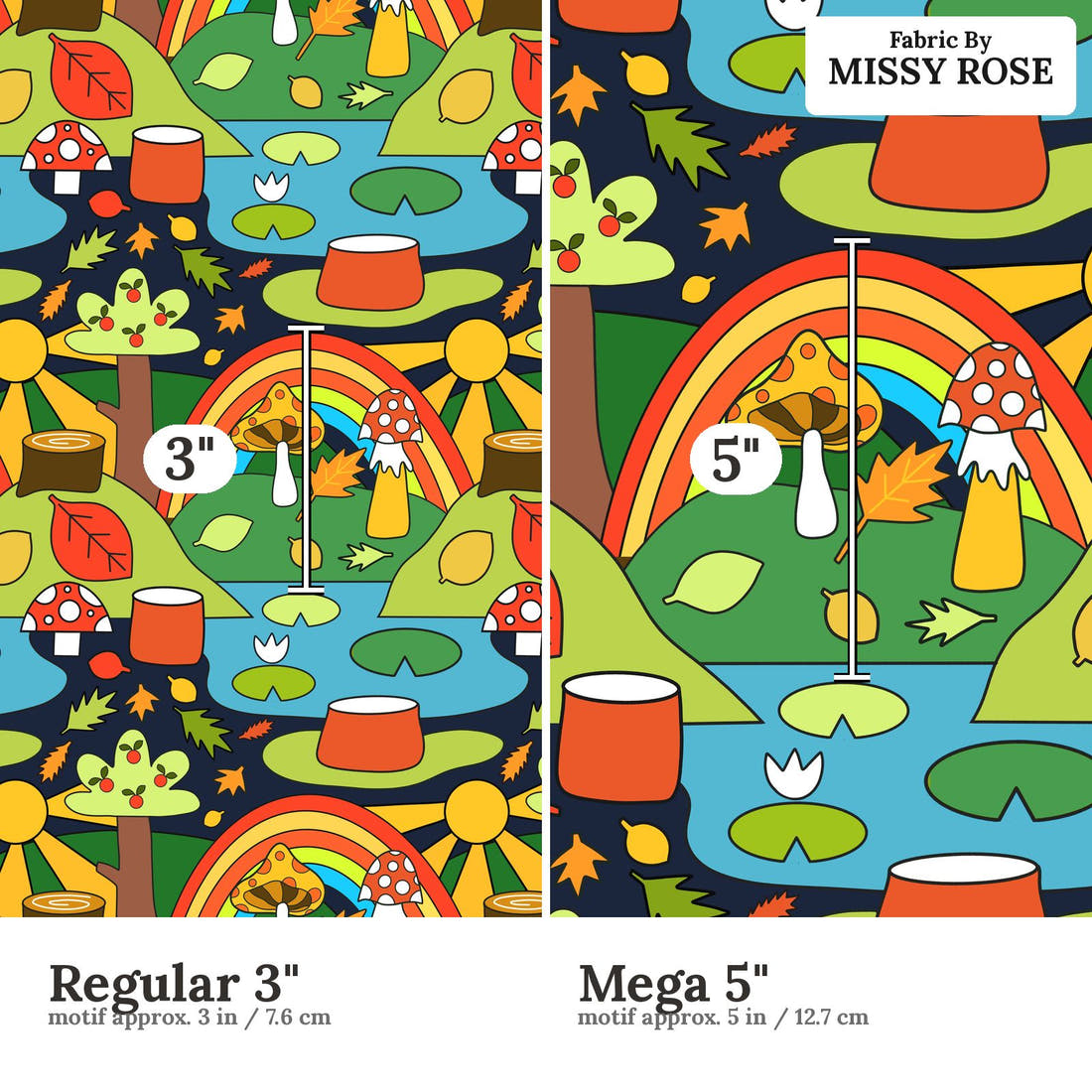 Scandi 30 Regular 3 inch vs Mega 5 inch print scale side by side | Fabric by Missy Rose