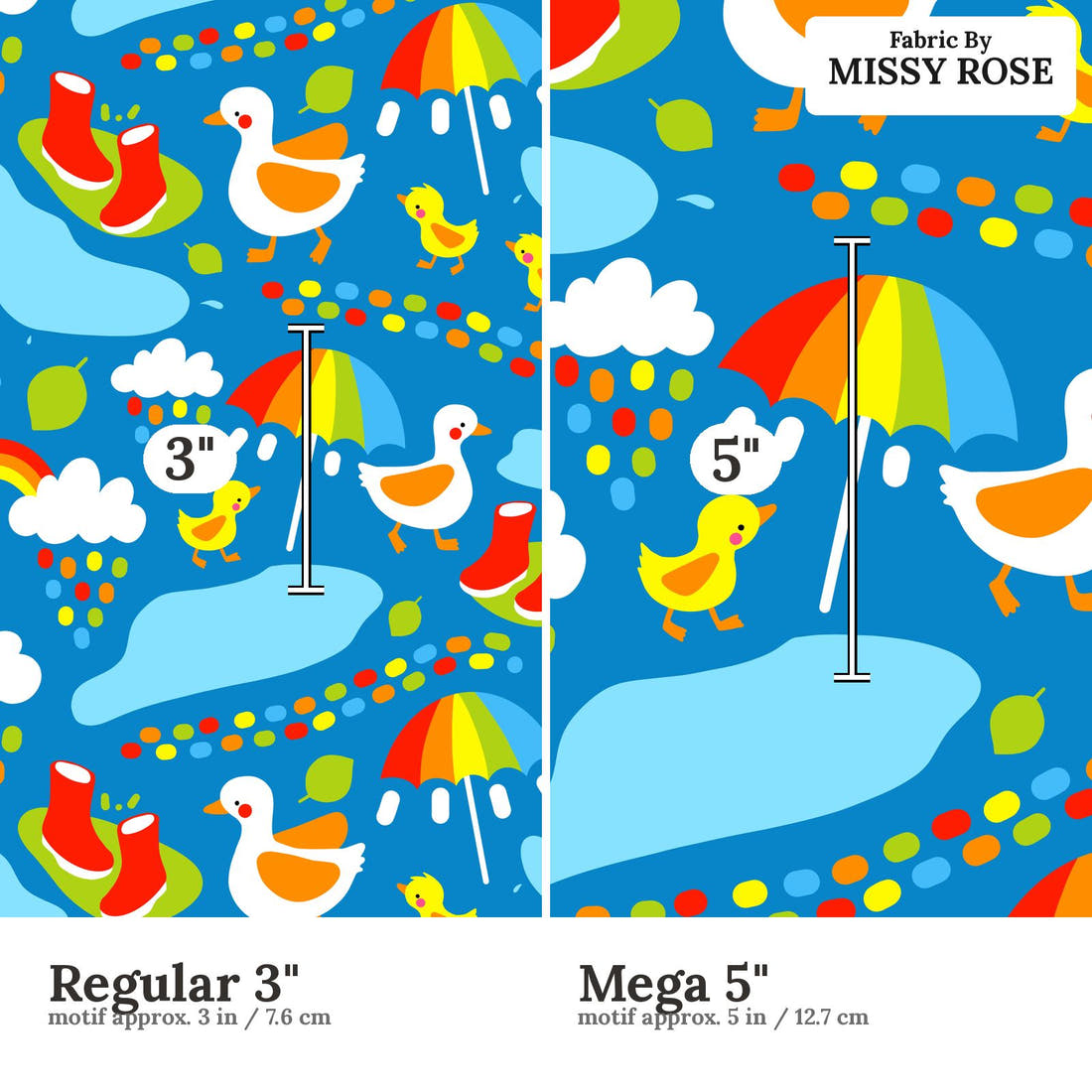 Scandi 31 Regular 3 inch vs Mega 5 inch print scale side by side | Fabric by Missy Rose