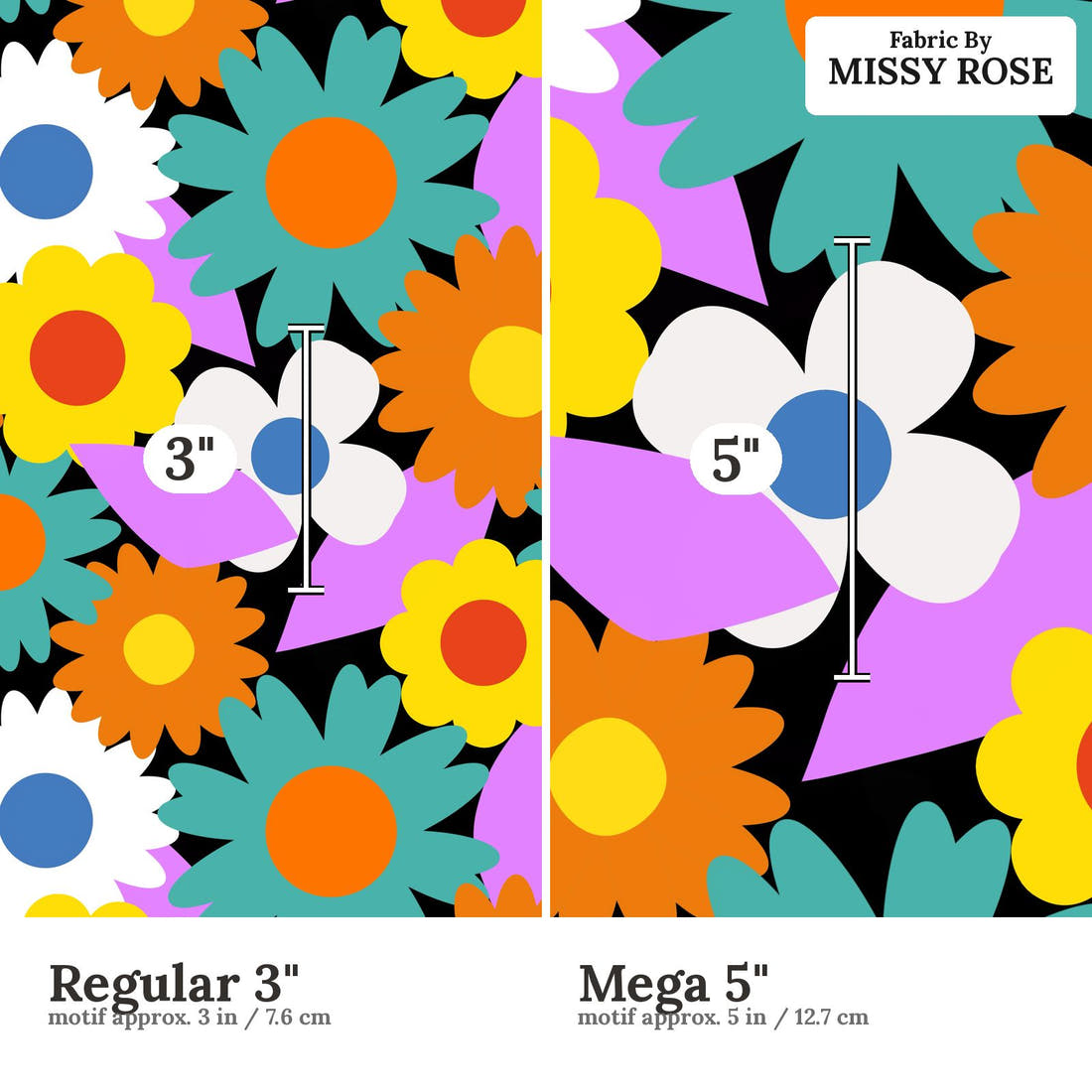 Scandi 32 Regular 3 inch vs Mega 5 inch print scale side by side | Fabric by Missy Rose