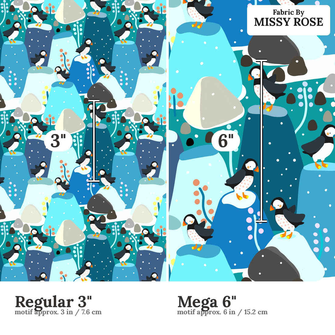 Scandi 33 Regular 3 inch vs Mega 6 inch print scale side by side | Fabric by Missy Rose