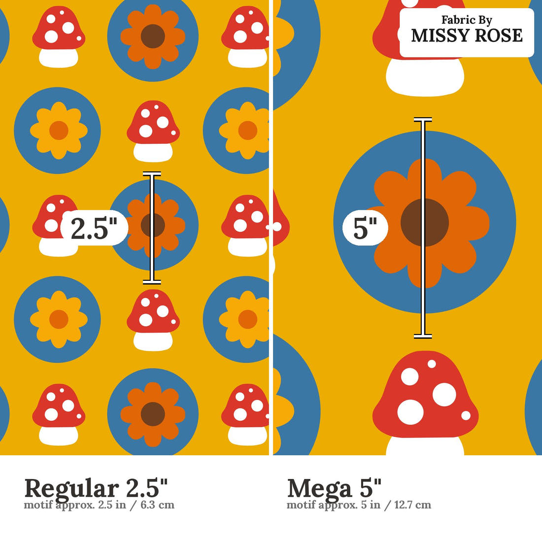 Scandi 34 Regular 2.5 inch vs Mega 5 inch print scale side by side | Fabric by Missy Rose