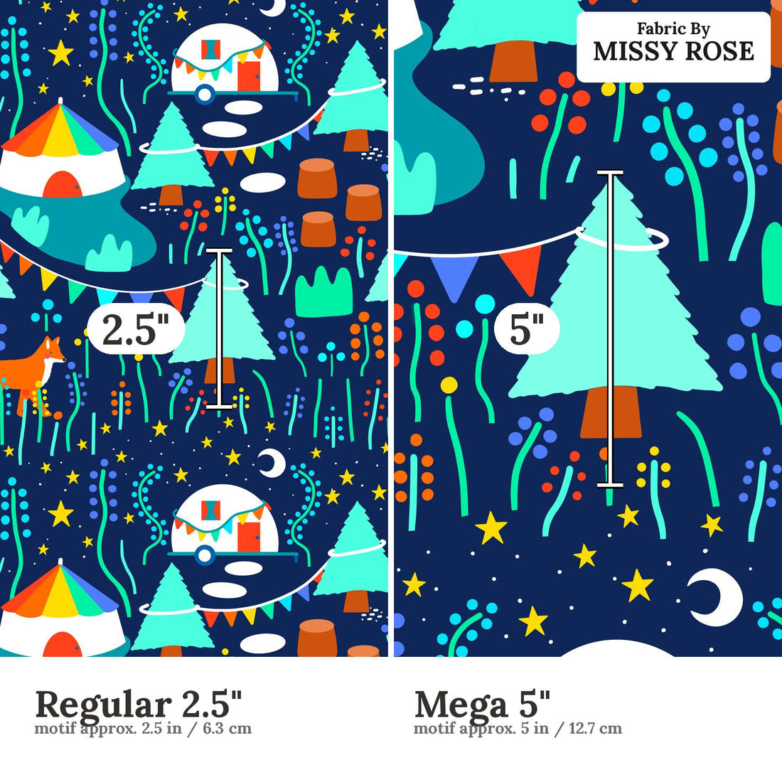 Scandi 5 Regular 2.5 inch vs Mega 5 inch print scale side by side | Fabric by Missy Rose