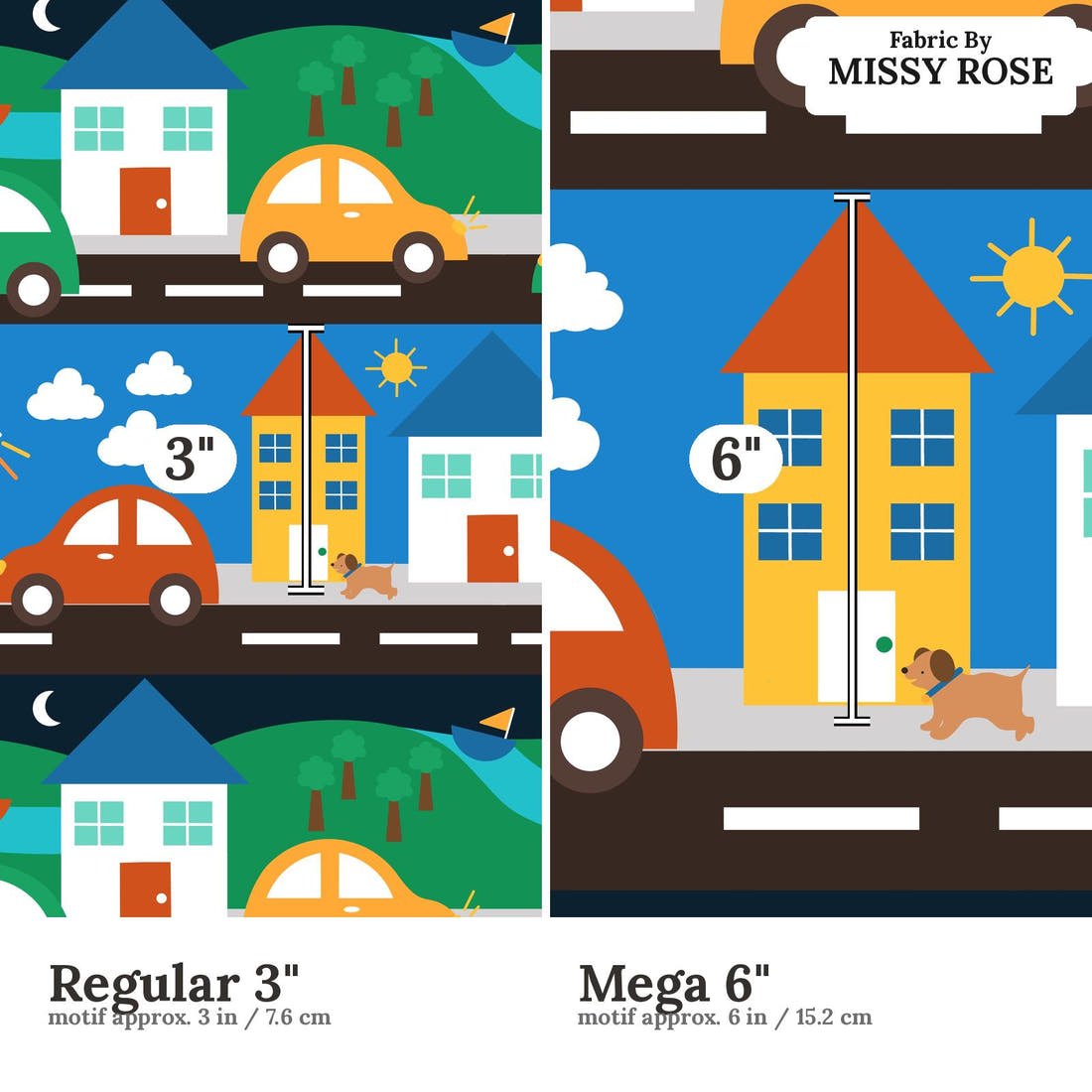 Scandi 6 Regular 3 inch vs Mega 6 inch print scale side by side | Fabric by Missy Rose